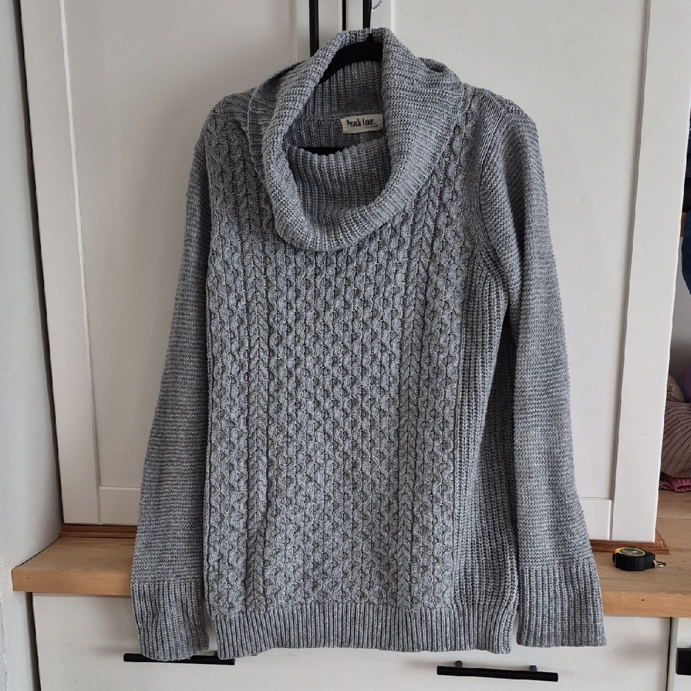 💙Peach Love California Grey Cable Cowl-Neck Sweater